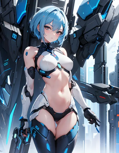 ((Masterpiece, Highest quality)), Detailed face, Beautiful face， full bodyesbian, Full of details, Highly detailed, Depth, Beautiful girl with piblue hair，short blue hair，Sick，White pupils，The legs are very thin，The legs are long, red eyelashes, ​masterpie...