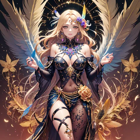 girl with, Big breasts, Bare shoulders, Blonde hair, colorful feather, metal ornaments, Colorful flowers, Particle, light, (masutepiece, of the highest quality, Best Quality, Official art, Beautiful and aesthetic:1.2), (1girl in:1.3), Extremely detailed, (...