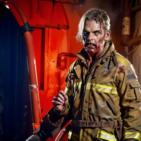 (zombie) there is a fireman in a fire suit holding a hose, firefighter, fireman, firefighting gear, heavy fire on the background, shutterstock, young female firefighter, fire on the background, fireman zombie madman, postapocalypsi background, axe in your ...