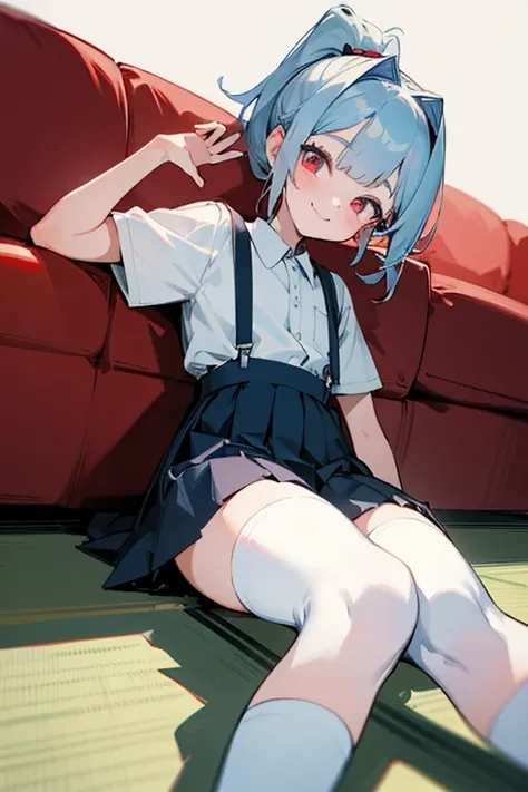 Young girls，double-ponytail，Pale blue hair，red color eyes，JK school uniform，solo person，Maid skirt，white stockings，White knee-length socks，Suspenders，looking to the camera，in a panoramic view，Lying on the couch，Five black males，White T-shirt，denim pant，Smi...