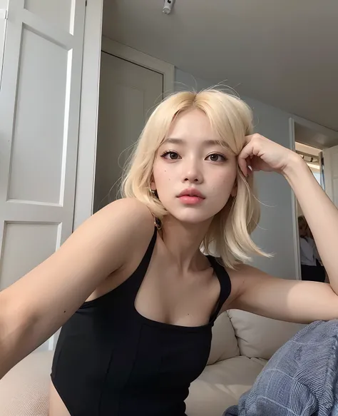 Blonde woman in black top sitting on a sofa with her hand on her head, Dom Yunjoo, Lalisa Manobal, imagem vazada, com cabelos curtos, Heonhwa Choe, Parque Roseanne do Blackpink, she is wearing a black tank top, her hair is white, TaeJune Kim, Lalisa Manoba...