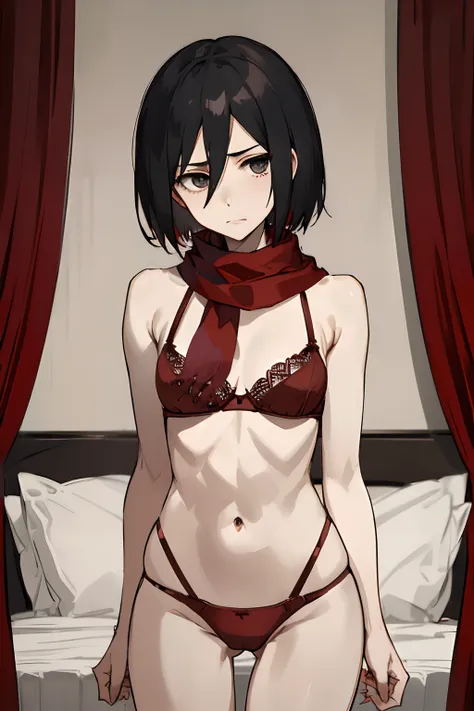 Master Parts, Best Quality, Haute, hmmikasa, Short hair, Black eyes, ((red bra nd panties, Underwear)), Scarf, red scarf, attack on titan, nude skin, bedroom