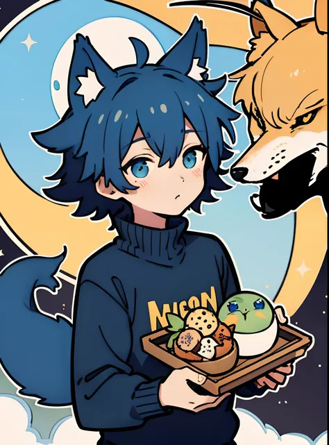 dark blue hair, wolf haircut, messy hair, short hair, male character, wolf ears, looking the sky, big moon background, cyan eyes...