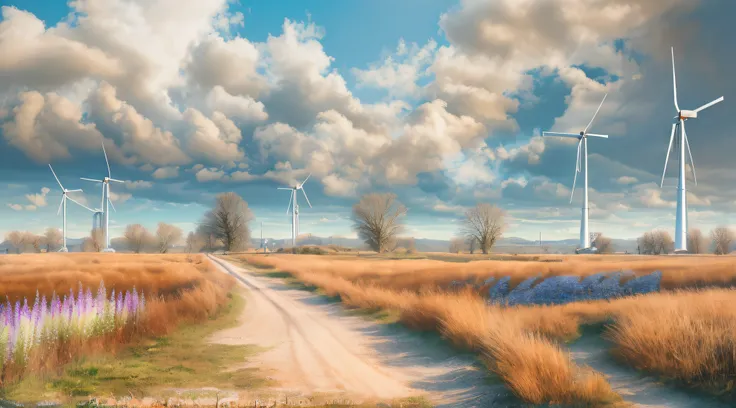 Morning gorgeous landscape, Outlandish landscape, hiquality, Masterpiece, Sunny morning light, Windmills in the distance, Rare cirrus clouds on blue sky, Natural shades, hyper realisitc, photo realism