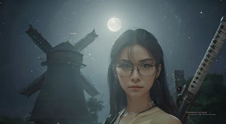 Lady With Glasses, beautiful night moon sky, katana on back, with a black dress, game screenshoot