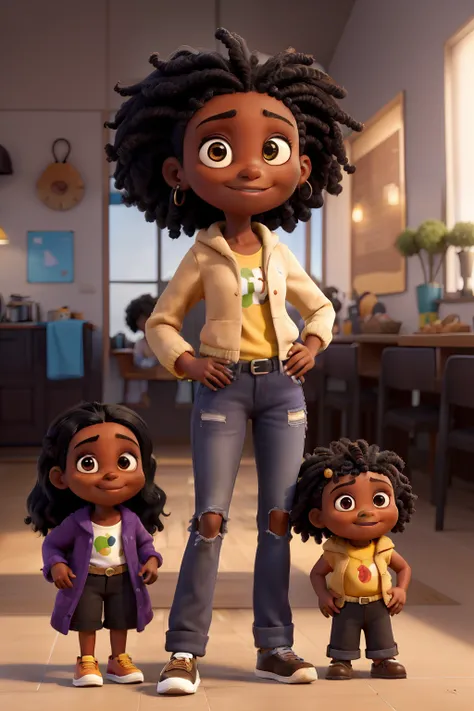 Personagem negra,cabelo liso comprido, uma franja e duas mechas de cabelo uma de um dos dois lados, moletom  violeta com capuz, olhos marrons e bem fofos, saia preta, estilo pixar