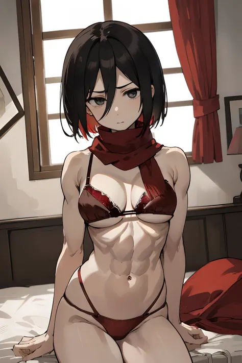 Master Parts, Best Quality, Haute, hmmikasa, Short hair, Black eyes, ((red bra nd panties, Underwear)), Scarf, red scarf, attack on titan, nude skin, bedroom, big boobs, thick thighs, abs, slight muscles