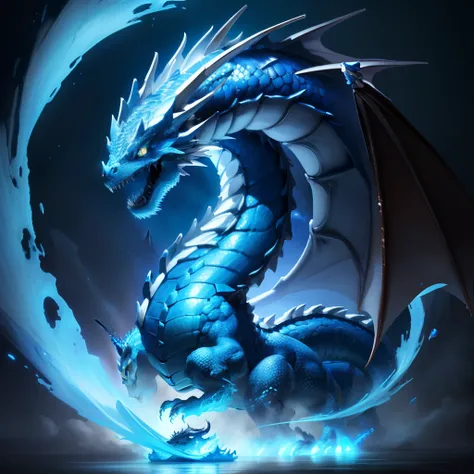 A dragon emerges from a blue bead