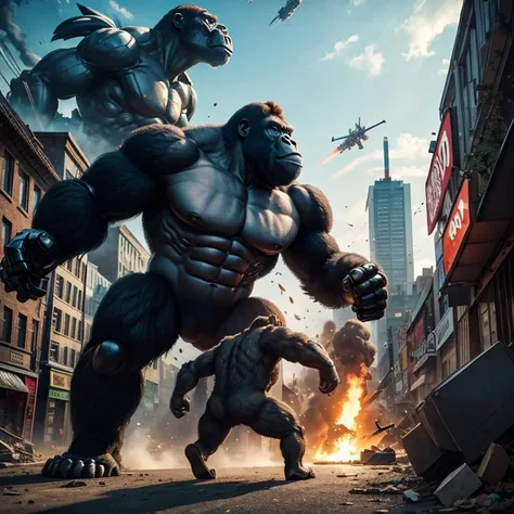 Big gorilla destroying a town and a big robot fighting it