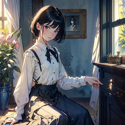 ((Watercolor by singer Sargent))、(top-quality、​masterpiece)、1girl in、sixteen years old、A stunning、Short black hair、Black eyes、tiny chest、校服、long  skirt、a room、window、Soft light、