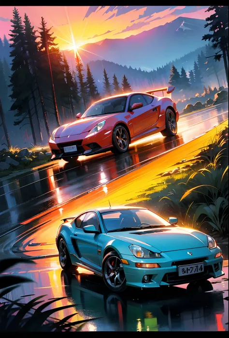 Car, car, sport car, wet road, in the forest, nature, expensive car, z crystals, sea, mountains, amazing sunset, graceful, dynamic bright lighting, happiness, full color, multicolor, artful, supreme detail, super quality, fine details, highlights, neon lig...