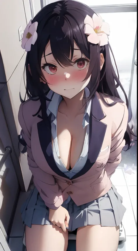 fluffy hair,Stylish and clean toilet,In the toilet,Decorated with a lot of flowers,student clothes,Blazer type school uniforms,fluffy hair,Squatting down and trying to pull down your underwear,Embarrassed look,You can lean forward to see your cleavage