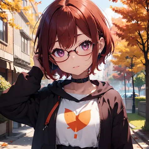 Reddish-purple eyes、 Short hairstyle、Straight short、Orange hair、Kawaii Girl、Fished eyebrows、Wearing headphones around your neck、 Wearing glasses、Oversized hoodies、Autumn Park、leaves falling、The upper part of the body、 Vibrant colors、Delicate drawing、 8K