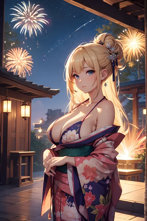 ​masterpiece、Background with（（Fantastic fireworks、starrysky））a beauty girl、huge tit、Blonde Long、Yukata with high detail and deep cleavage、Shoulder out、Hair in a bun and a hair ornament