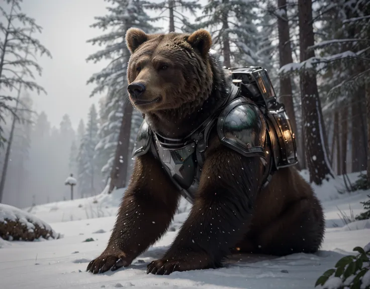 Grizzly bear realistically detailed fur, The bear wears metal armor plates and helmet, Red and green color, this, Wild snowy forest, realistic, 4k, Ultra detailed image, realistic, Highly detailed, perfect composition, gorgeous, Intricately detailed, incre...