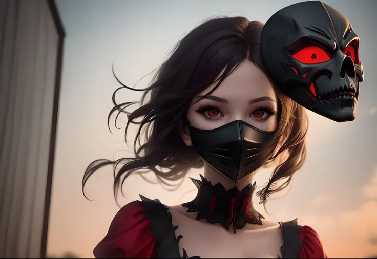 A woman wearing a scary mask and a big black and red dress