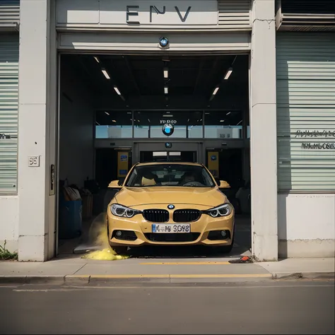 VHS footage of a BMW 3 Series parked in front of an office building with the Enron logo on a sign in front of it. The BMW is leaking hot, steamy, yellow coolant from underneath the engine