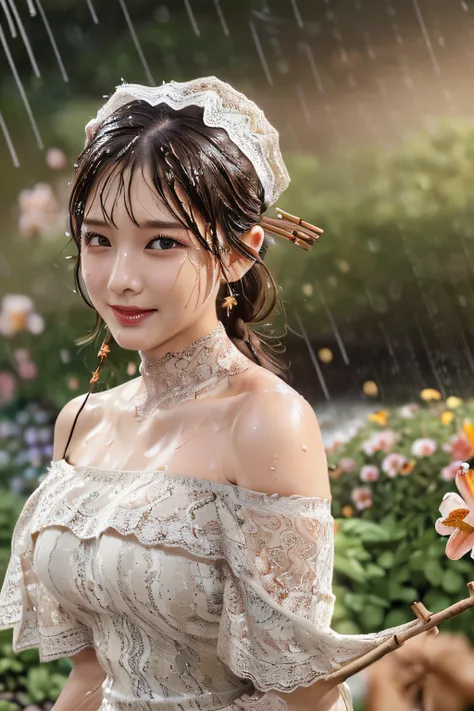 Romantic Lace Off Shoulder Dress,(Floral hair ornament,Short hair in shiny silver and orange inner colors,Ponytail twisted buns adorned with elaborate braids and beads,Braided Setup Fishbone Hair,fishtail braid,),(Bangs are see-through bangs),(((Lace off-t...