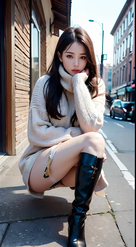 (best quality, 4k, 8k, highres, masterpiece:1.2), ultra-detailed, (realistic, photorealistic, photo-realistic:1.37), illustration, wallpaper, street vibe, beautiful girl in sweater and scarf, over-the-knee boots, bare legs, beautiful detailed eyes, perfect...