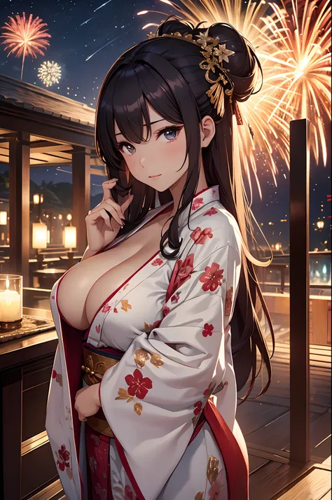 ​masterpiece、Background with（（Fantastic fireworks、starrysky））a beauty girl、huge tit、Bronze color hair long、Yukata with high detail and deep cleavage、Hair in a bun and a hair ornament、Slim body、