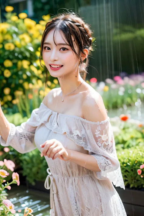 Romantic Lace Off Shoulder Dress,(Floral hair ornament,Short hair in shiny silver and orange inner colors,Ponytail twisted buns adorned with elaborate braids and beads,Braided Setup Fishbone Hair,fishtail braid,),(Bangs are see-through bangs),(((Lace off-t...