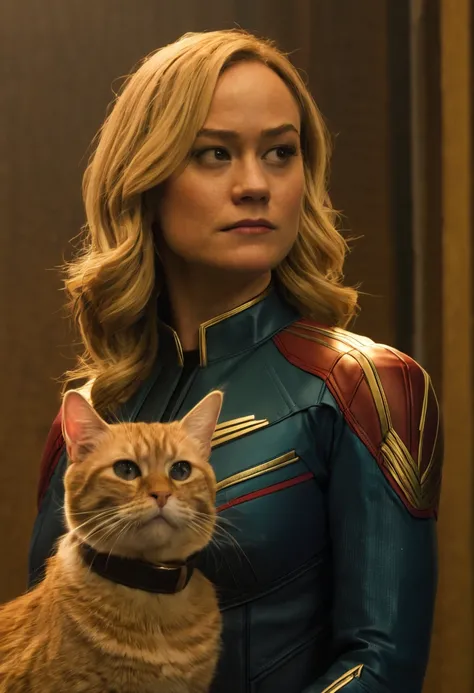 captain marvel and a flerken from marvel comics, orange cat wearing a collar, captain marvel, blonde girl, (brie larson), epic scene, (cinematic:1.2), dynamica angle, masterpiece, best quality