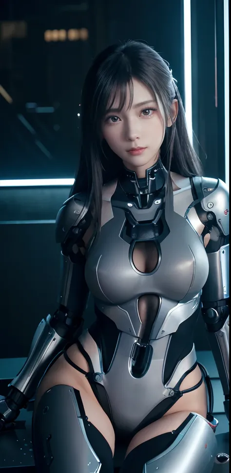 ​masterpiece、((grey sweater))、 ((plugsuit)), ((a beauty girl:1.2))、I dont have both arms.、Some mechs、Mechanized body、Mechanized chest and abdomen、Mechanized occipital、Mechanized legs、Black metallic suit tight to the body、is standing、Tied up、Metal Robot、((C...