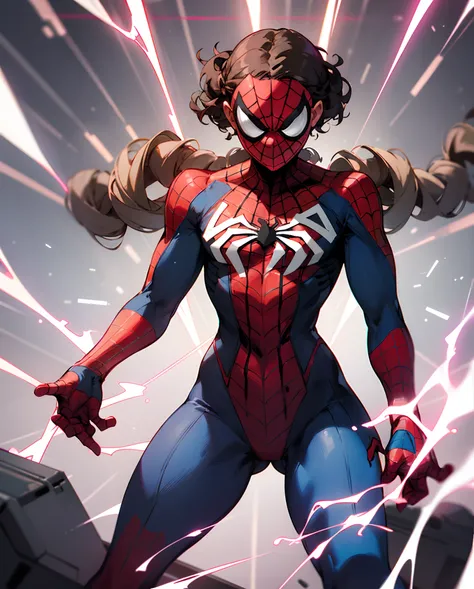 marvel , Spiderman, female,haircut: is cute curly and short to my shoulders, and is brunette.Hair style: low braided bunEyes: brownWears: neon pink and neon green Hazzard glitched spiderman suit  Height:53, Powers: glitching, teleporting, electricity, norm...