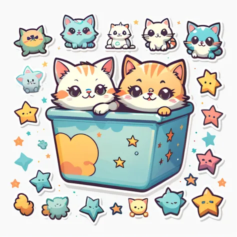 1 sticker, sticker, (cute, cat), stars, white background, no background, simple background, minimal, cute, tiny, pastel color, vector style, no gradient,