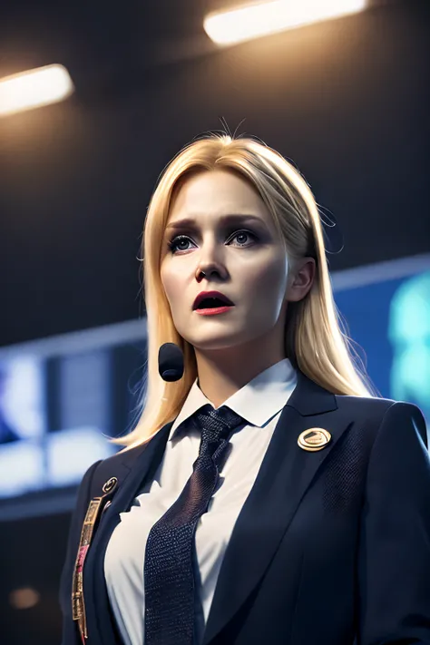 (((Politician))), (extremely detailed 8k wallpaper), Dark Theme, Modern Horror, uses (formal clothes), fine focus, (subsurface dispersion:1.1), ((Young-aged woman))), (Blond hair), centered face, award-winning photography, dramatic lighting, on a platform ...