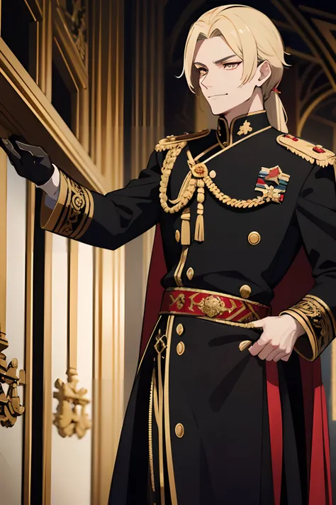 Evil prince, dressed in black clothing with gold trim, smug expression, ornate military coat, in a great hall