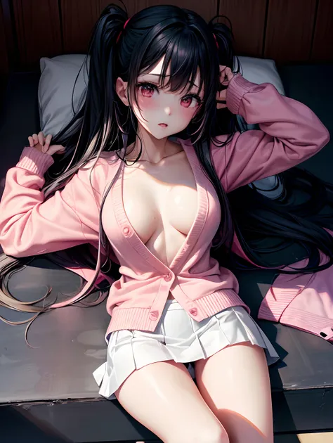 top-quality、One girl、Black-haired、Twin-tailed、Red Eyes、Pink blush color under the eyes、:.1.2、Red cheeks、Opening Mouth、校服、Pink Cardigan 1.2、Black miniskirt、White underwear、seductive boobs:1.3、Emphasis on the chest、Dark blue long socks、skinny thigh、Hotel Bet...