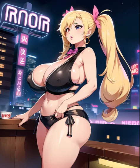 1girl,  (((bimbo))),hoop earrings, puffy lips, painted lips, thick lips. 
blonde hair, short twintails, wide hips, thick thighs, bursting breasts Nightlife, Night city, Cyberpunk city, futuristic cityscape. Neon lights, (skyscraper:1.1), Tokyo tower, palm ...