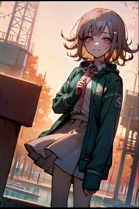 chiaki nanami smiling while holding hands with the viewer, walking next to each other at a park during sunset, colorful oranges ...