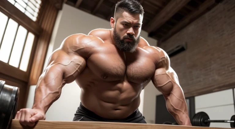 (Very detailed 8k wallpaper), Strong Asian Men, At the gym, high detailing, buzzcut, very short beard, very large and strong body, bulging muscles, well-muscled, very large pectoral muscles. Very sexy abs, legs are muscular, Toned figure, lightens oily ski...