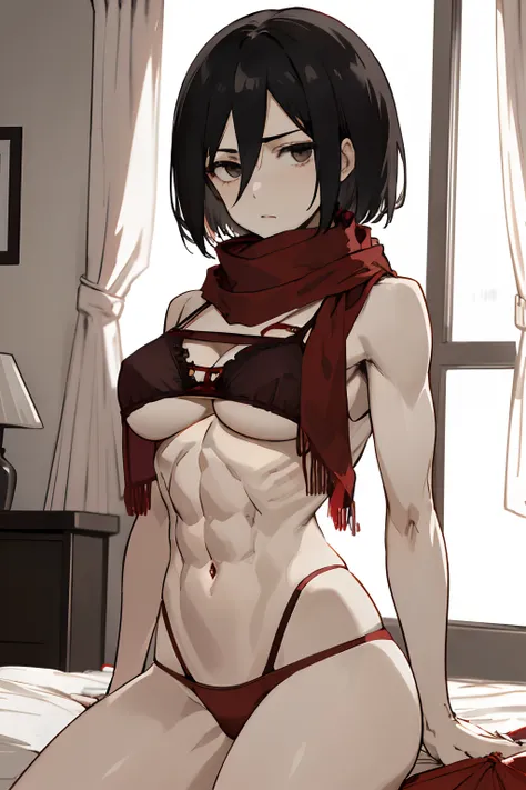 Master Parts, Best Quality, Haute, hmmikasa, Short hair, Black eyes, ((red bra nd panties, Underwear)), Scarf, red scarf, attack on titan, nude skin, bedroom, big boobs, thick thighs, abs, slight muscles