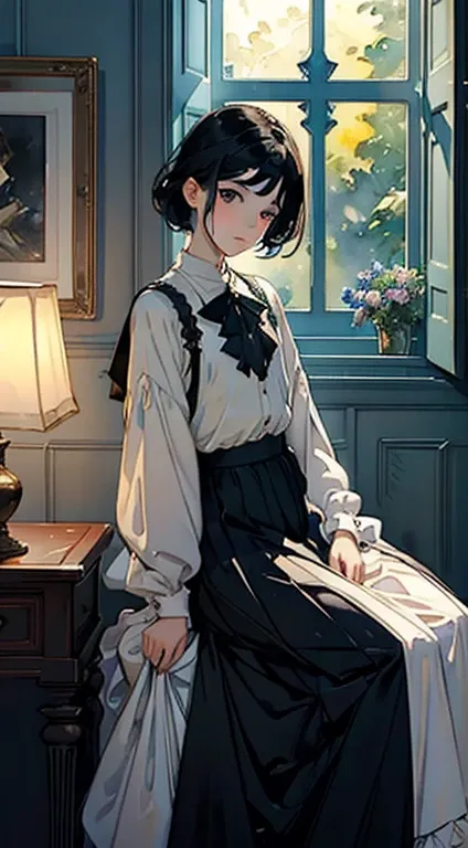 ((Watercolor by singer Sargent))、(top-quality、​masterpiece)、1girl in、sixteen years old、A stunning、Short black hair、Black eyes、tiny chest、校服、long  skirt、a room、window、Soft light、