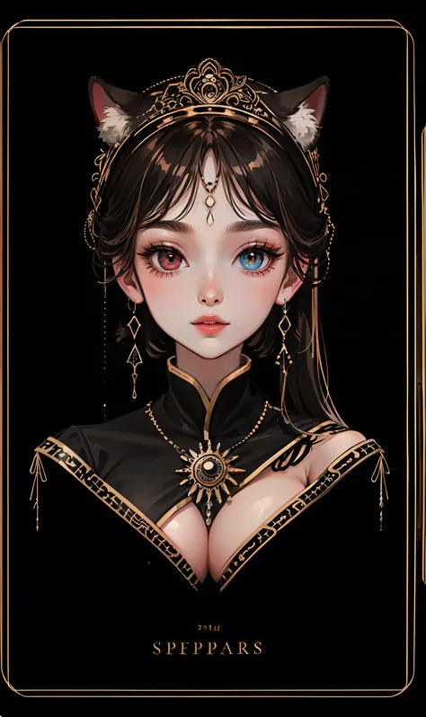 cleavage，Large breasts，queen，Dignified，Arrogant，despise，cat ear，对称。cleavage，Gemstone embellishment，Amazing，（（Starlight pupils））（Heterochromia: 1.5)，peculiar，Amazing，radiation，opulent，对称，ligne，Best quality at best, ultra - detailed, tmasterpiece, (Detailed ...