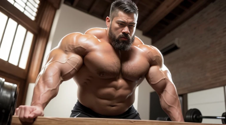 (Very detailed 8k wallpaper), Strong Asian Men, At the gym, high detailing, buzzcut, very short beard, very large and strong body, bulging muscles, well-muscled, very large pectoral muscles. Very sexy abs, legs are muscular, Toned figure, lightens oily ski...