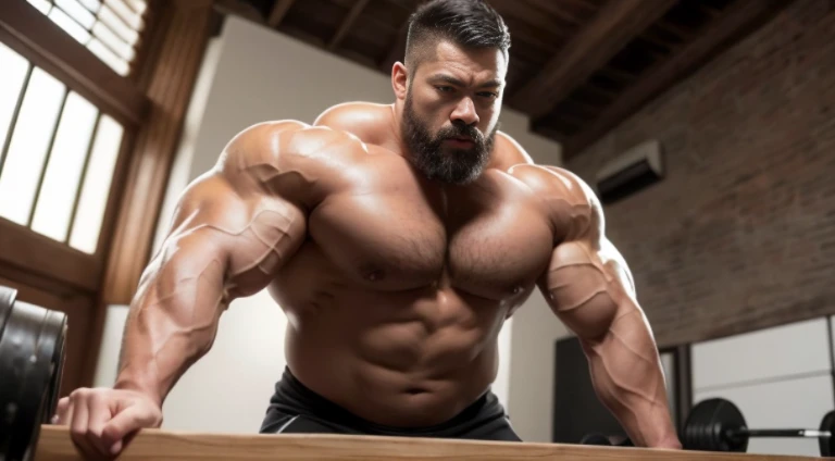 (Very detailed 8k wallpaper), Strong Asian Men, At the gym, high detailing, buzzcut, very short beard, very large and strong body, bulging muscles, well-muscled, very large pectoral muscles. Very sexy abs, legs are muscular, Toned figure, lightens oily ski...