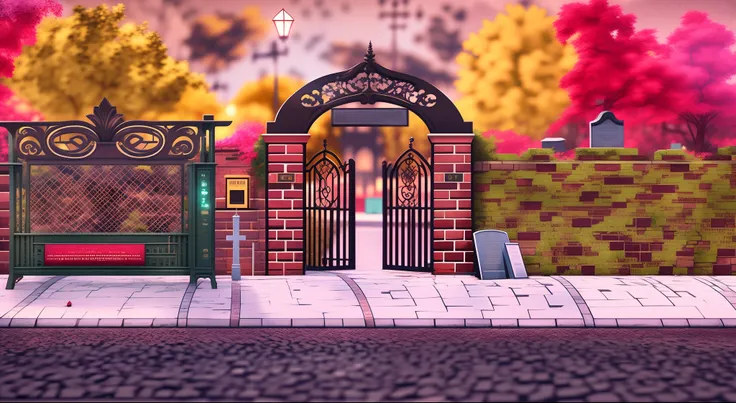 There is a brick wall with a gate and a bench, park background, Secondary school education, background illustration, random background scene, street background, Entrance to a private academy, background art, Urban fantasy setting, Background environment. 8...