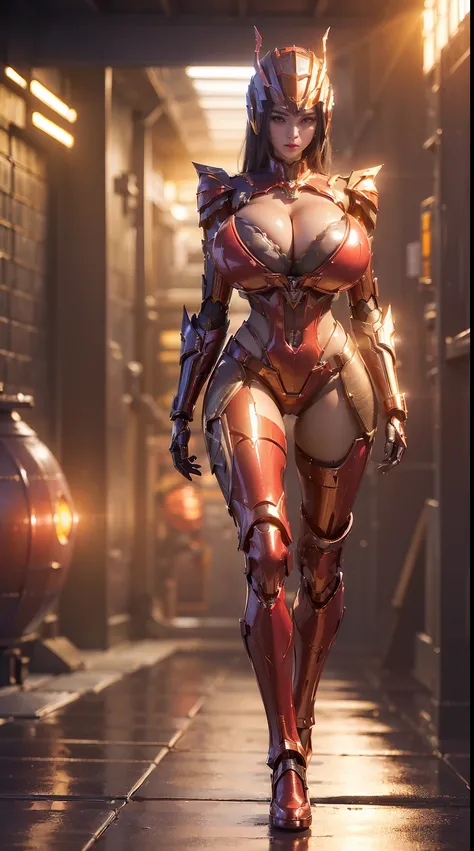 (1GIRL, SOLO:2), (super detailed face), (Phoenix mecha helm: 1), (BIG BUTT, MISCLE ABS, CLEAVAGE, GIGANTIC FAKE BREAST:1.5), (MECHA GUARD ARM:1.3), gold, (RED SHINY MECHA CYBER ARMORED CROP TOP, MECHA SKINTIGHT SUIT PANTS, MECHA GUARD ARMOR LEGS, HIGH HEEL...