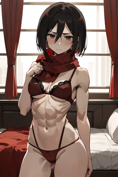 Master Parts, Best Quality, Haute, hmmikasa, Short hair, Black eyes, ((red bra and panties, Underwear)), Scarf, red scarf, attack on titan, nude skin, bedroom, big boobs, thick thighs, abs, slight muscles, blush