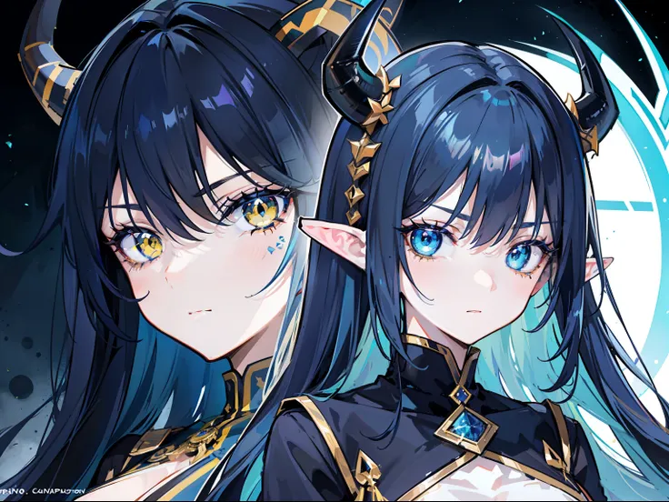 eyes on forehead, dark blue hair with light edges, yellow massive horns, big elf ears, dark blue wings, yellow symbols on skin, eyes, multiple,  eyes, creepy eyes, creepy, swirlsBepic exquisite  character art, Amazing characters, character design sheet，Cha...