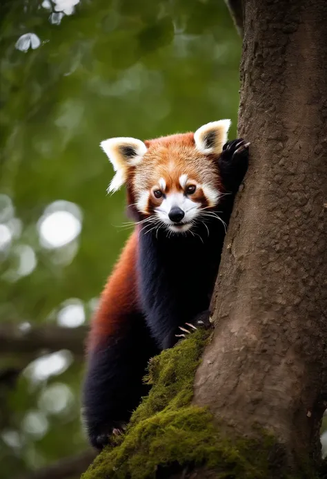 Cute red panda standing on a tree trunk，and the sun was shining brightly，hyper HD，best qualtiy