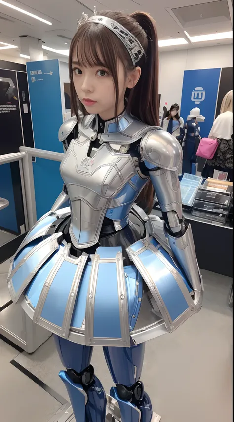 Robot Girl, pink there, Silver, Metallic body, Robot Parts, Metal Parts, Super Detailed Face, Super well-formed face, of the highest quality, a small face, small head, Brown hair, Slender body, Camera gaze, Internal Mechanical Exposure, Idol, front facing,...