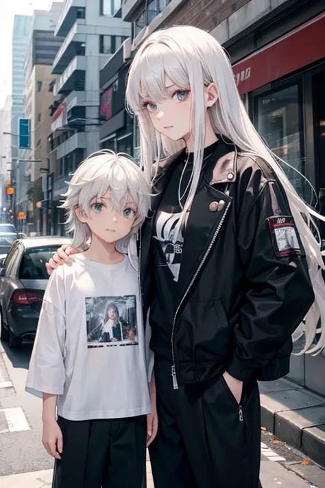 street scene, a 17-year-old girl with long white hair, wearing a black jacket, and a 6-year-old boy with long white hair wearing white t-shirt