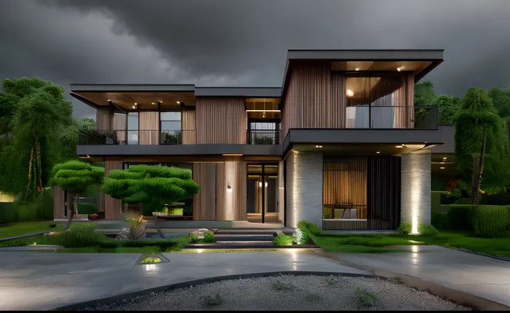 morden villa, concrete, wood, cloudy sky, trees plant, bright light, luxury, high quality, realistic photo, 3d render