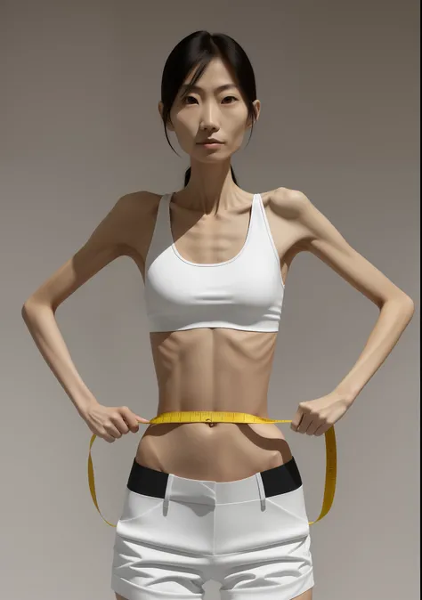 Emaciated body and hungry stomach，Very slim waist and legs，Thin figure，The sternum is distinct，The ribs are noticeable，Sunken abdomen，The pelvis is pronounced，Excessive weight loss，No abs，Asian face