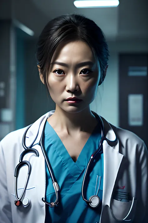 (((Doctor))), (extremely detailed 8k wallpaper), Dark Theme, Modern Horror, uses (doctor clothes), fine focus, (subsurface dispersion:1.1), ((young-aged woman))), ((Tall)), (Japanese), centered face, award-winning photography, dramatic lighting, a hospital...